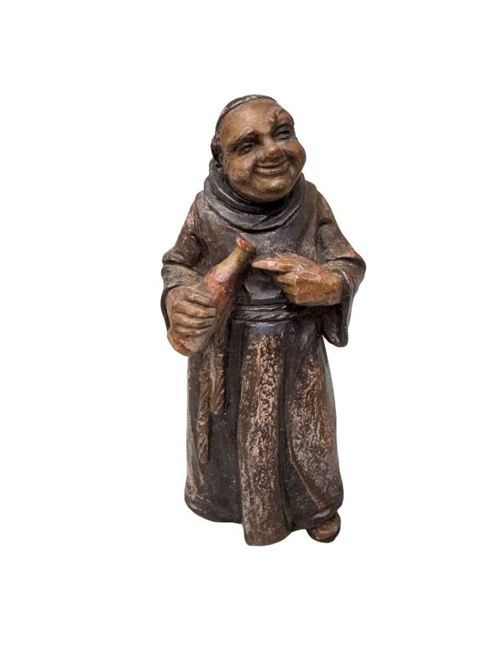 Vintage Anri Wooden Monk Figurine Holding Wine Bottle Rustic Religious 4.5”